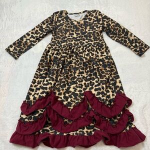 Leopard Print Kids Dress with Burgundy Accents
